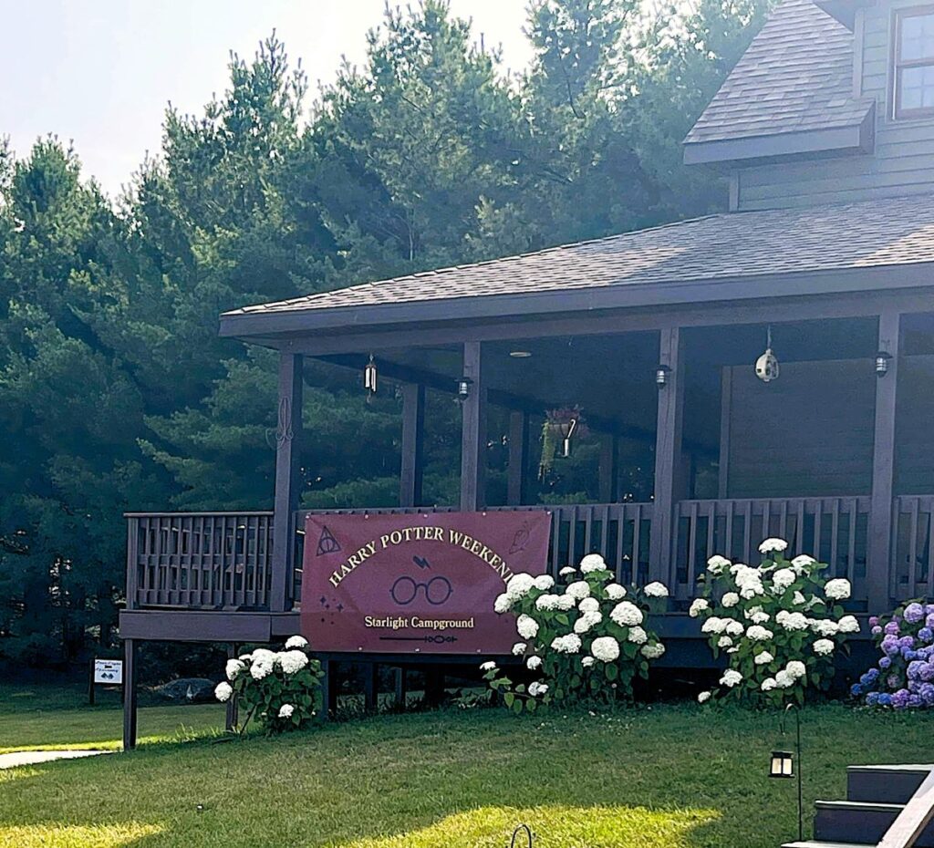 Starlight RV Resort Harry Potter Theme banner on office deck